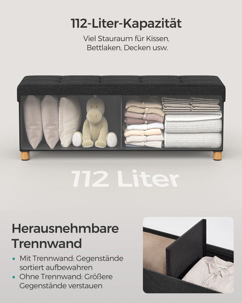 Rootz Seat Chest Storage Ottoman - Storage Bench - Upholstered Ottoman - Imitation Linen - Foam Padding - MDF Construction - 38cm x 110cm x 40cm - Ink Black - 112L Capacity - 300kg Load Capacity