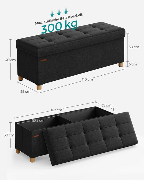 Rootz Seat Chest Storage Ottoman - Storage Bench - Upholstered Ottoman - Imitation Linen - Foam Padding - MDF Construction - 38cm x 110cm x 40cm - Ink Black - 112L Capacity - 300kg Load Capacity