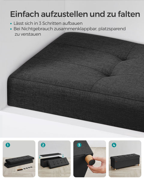 Rootz Seat Chest Storage Ottoman - Storage Bench - Upholstered Ottoman - Imitation Linen - Foam Padding - MDF Construction - 38cm x 110cm x 40cm - Ink Black - 112L Capacity - 300kg Load Capacity