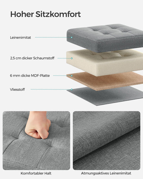Rootz Seat Chest Ottoman - Storage Stool - Footrest - Imitation Linen - MDF - Foam - 30cm x 30cm x 30cm - Light Gray - 1.6kg - 130kg Capacity - 22 Liters