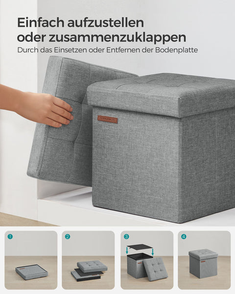 Rootz Seat Chest Ottoman - Storage Stool - Footrest - Imitation Linen - MDF - Foam - 30cm x 30cm x 30cm - Light Gray - 1.6kg - 130kg Capacity - 22 Liters