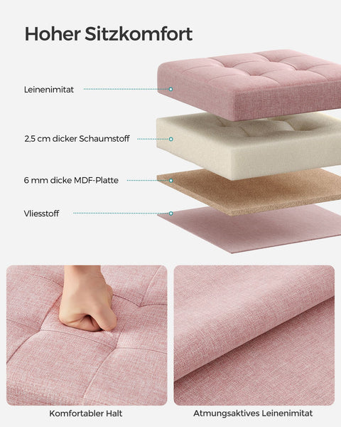 Rootz Pastel Pink Seat Chest - Storage Ottoman - Footstool - Imitation Linen - MDF - Foam - 30cm x 30cm x 30cm - 1.6kg - 130kg Max Load - 22L Capacity
