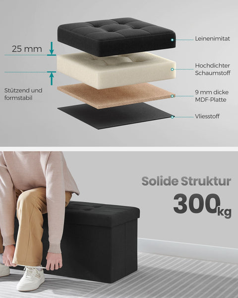 Rootz Storage Ottoman Bench - Upholstered Stool - Footrest - MDF Frame - Imitation Linen - Foam Padding - 38cm x 110cm x 38cm - Ink Black - 131L Capacity