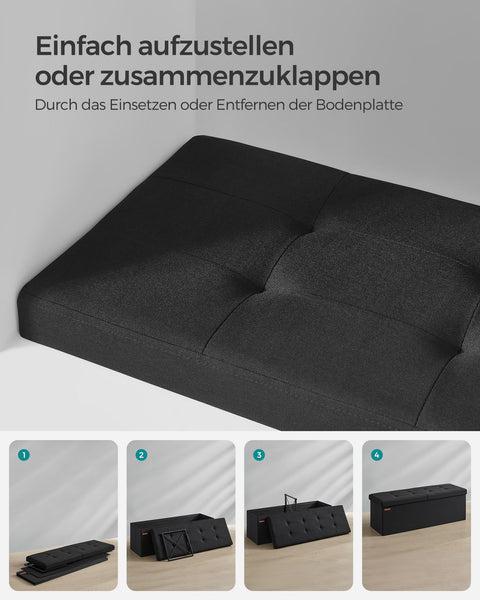 Rootz Storage Ottoman Bench - Upholstered Stool - Footrest - MDF Frame - Imitation Linen - Foam Padding - 38cm x 110cm x 38cm - Ink Black - 131L Capacity