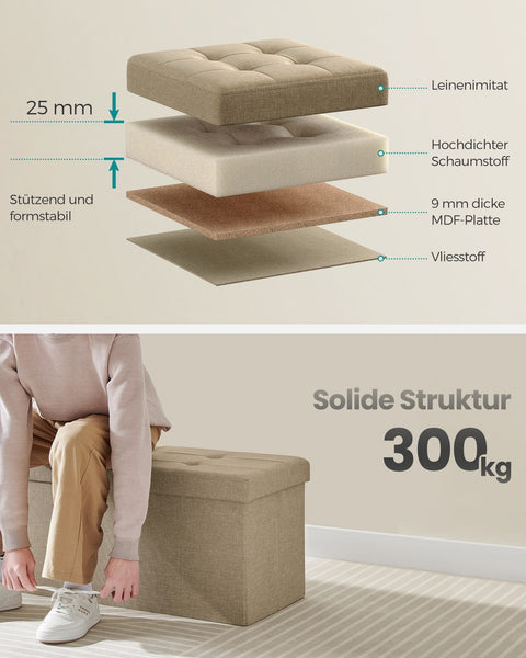 Rootz Camel Brown Seat Chest - Storage Ottoman - Footrest - MDF Construction - Imitation Linen Upholstery - Foam Padding - 38cm x 110cm x 38cm - 9.1kg - 300kg Capacity - 131L Storage