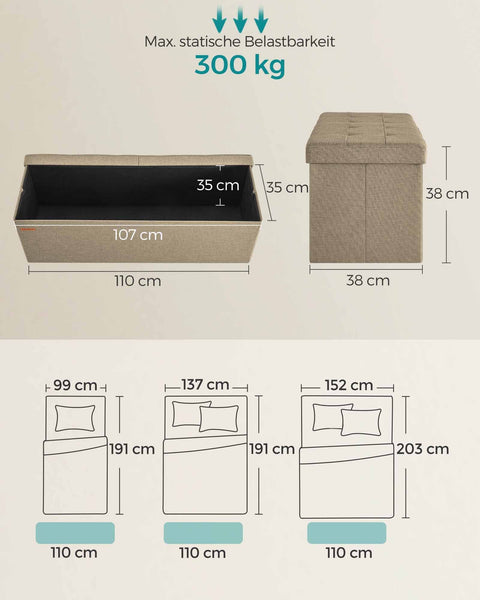 Rootz Camel Brown Seat Chest - Storage Ottoman - Footrest - MDF Construction - Imitation Linen Upholstery - Foam Padding - 38cm x 110cm x 38cm - 9.1kg - 300kg Capacity - 131L Storage