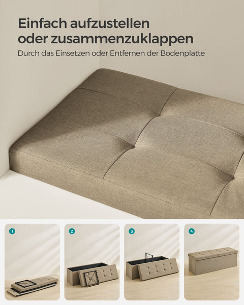 Rootz Camel Brown Seat Chest - Storage Ottoman - Footrest - MDF Construction - Imitation Linen Upholstery - Foam Padding - 38cm x 110cm x 38cm - 9.1kg - 300kg Capacity - 131L Storage