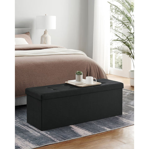 Rootz Large Black Seat Chest - Storage Ottoman - Footrest - Imitation Linen - MDF - Foam - Spacious Interior - Sturdy Construction - Easy Assembly - 110cm x 38cm x 38cm