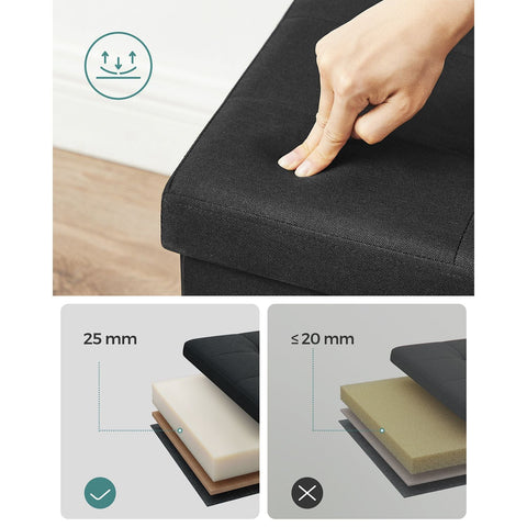 Rootz Large Black Seat Chest - Storage Ottoman - Footrest - Imitation Linen - MDF - Foam - Spacious Interior - Sturdy Construction - Easy Assembly - 110cm x 38cm x 38cm