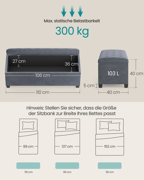 Rootz Storage Stool - Ottoman Bench - Velvet Upholstery - MDF Construction - 40cm x 110cm x 40cm - Slate Gray