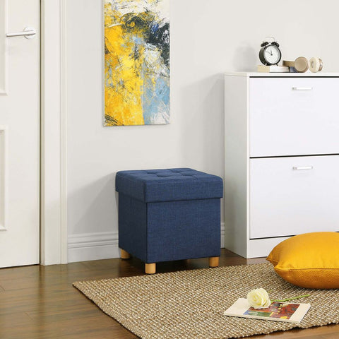 Rootz Stool With Lid - Small Cube Seat - Storage Space - Modern Stool - Stylish Footstool - Upholstered Seat - Functional Footrest - Imitation Linen - MDF - Navy Blue - 38 x 38 x 40 cm (L x W x H)