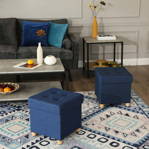 Rootz Stool With Lid - Small Cube Seat - Storage Space - Modern Stool - Stylish Footstool - Upholstered Seat - Functional Footrest - Imitation Linen - MDF - Navy Blue - 38 x 38 x 40 cm (L x W x H)