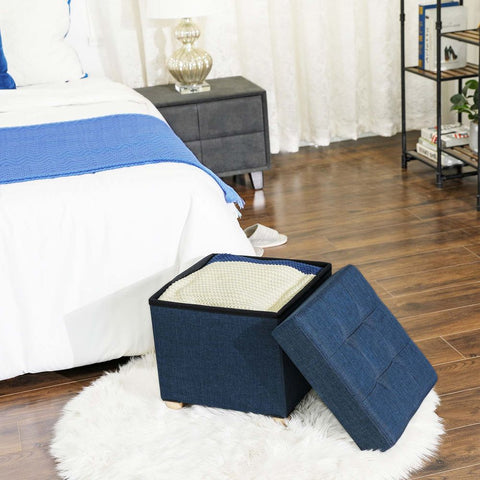 Rootz Stool With Lid - Small Cube Seat - Storage Space - Modern Stool - Stylish Footstool - Upholstered Seat - Functional Footrest - Imitation Linen - MDF - Navy Blue - 38 x 38 x 40 cm (L x W x H)