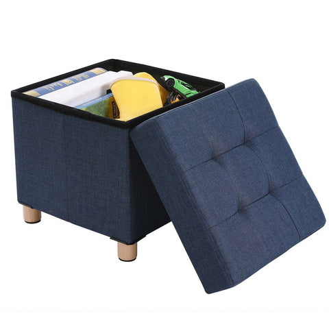 Rootz Stool With Lid - Small Cube Seat - Storage Space - Modern Stool - Stylish Footstool - Upholstered Seat - Functional Footrest - Imitation Linen - MDF - Navy Blue - 38 x 38 x 40 cm (L x W x H)