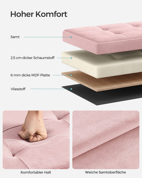 Rootz Pastel Pink Seat Chest - Storage Ottoman - Footrest - MDF Velvet Foam - 32 Liter Capacity - 31cm x 41cm x 31cm - 2.1kg - 130kg Load Capacity