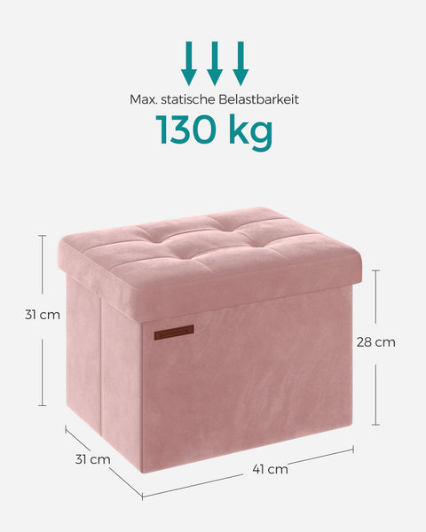 Rootz Pastel Pink Seat Chest - Storage Ottoman - Footrest - MDF Velvet Foam - 32 Liter Capacity - 31cm x 41cm x 31cm - 2.1kg - 130kg Load Capacity