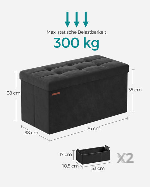 Rootz Velvet Seat Chest - Storage Ottoman - Upholstered Bench - MDF Construction - 38cm x 76cm x 38cm - Ink Black - 89L Capacity