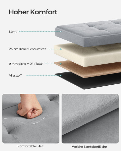 Rootz Dove Gray Velvet Seat Chest - Storage Ottoman - Upholstered Bench - MDF Construction - 38cm x 76cm x 38cm - 5.6kg - 300kg Capacity - 89L Storage