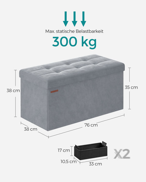 Rootz Dove Gray Velvet Seat Chest - Storage Ottoman - Upholstered Bench - MDF Construction - 38cm x 76cm x 38cm - 5.6kg - 300kg Capacity - 89L Storage