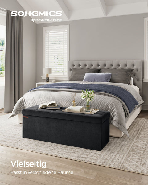 Rootz Velvet Seat Chest - Storage Ottoman - Upholstered Bench - MDF Construction - 38cm x 110cm x 38cm - Ink Black - 131L Capacity