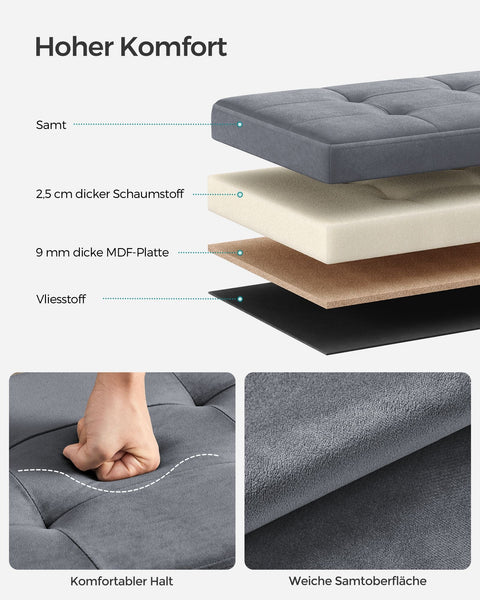 Rootz Velvet Seat Chest - Storage Ottoman - Upholstered Bench - MDF Construction - 38cm x 110cm x 38cm - Slate Gray - 131L Capacity - 300kg Max Load