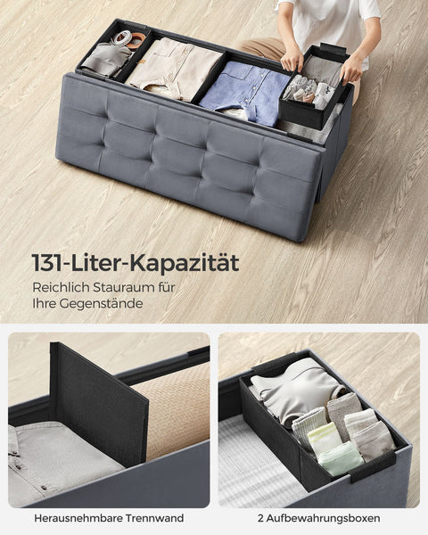 Rootz Velvet Seat Chest - Storage Ottoman - Upholstered Bench - MDF Construction - 38cm x 110cm x 38cm - Slate Gray - 131L Capacity - 300kg Max Load