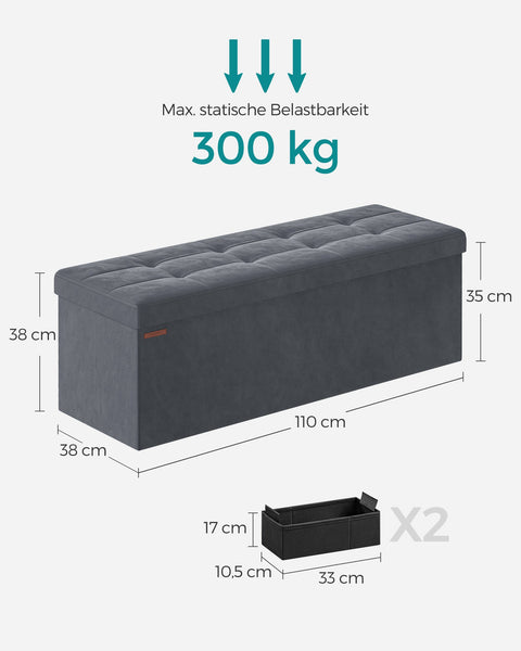 Rootz Velvet Seat Chest - Storage Ottoman - Upholstered Bench - MDF Construction - 38cm x 110cm x 38cm - Slate Gray - 131L Capacity - 300kg Max Load