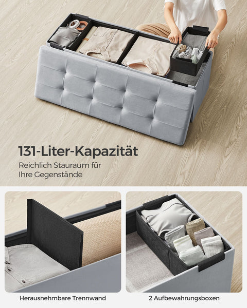 Rootz Dove Gray Velvet Seat Chest - Storage Ottoman - Upholstered Bench - MDF Construction - 38cm x 110cm x 38cm - Lightweight - Spacious - Sturdy