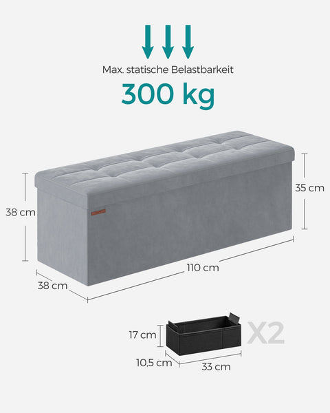 Rootz Dove Gray Velvet Seat Chest - Storage Ottoman - Upholstered Bench - MDF Construction - 38cm x 110cm x 38cm - Lightweight - Spacious - Sturdy