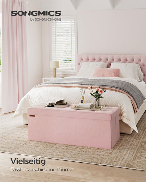 Rootz Pastel Pink Seat Chest - Storage Ottoman - Upholstered Bench - MDF Velvet Foam - 131L Capacity - 38cm x 110cm x 38cm