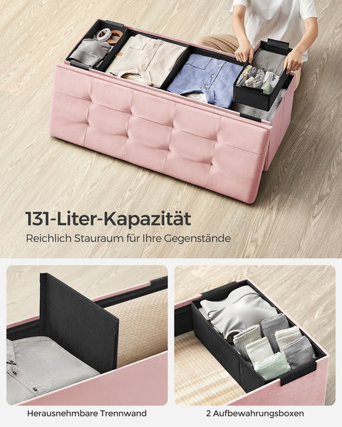Rootz Pastel Pink Seat Chest - Storage Ottoman - Upholstered Bench - MDF Velvet Foam - 131L Capacity - 38cm x 110cm x 38cm