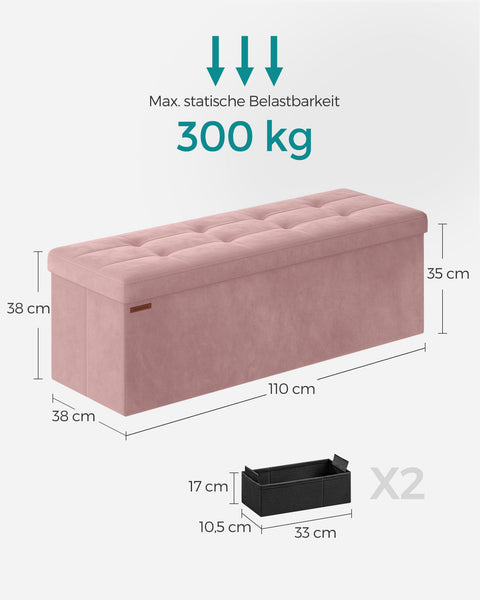 Rootz Pastel Pink Seat Chest - Storage Ottoman - Upholstered Bench - MDF Velvet Foam - 131L Capacity - 38cm x 110cm x 38cm