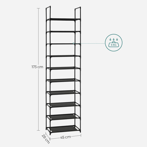 Rootz 10 Tier Shoe Rack - Shoe Organizer - Shoe Storage - Metal Tubes - Non-Woven Fabric Shelves - Space Saving - Easy Assembly - Versatile - 45cm x 28cm x 173cm