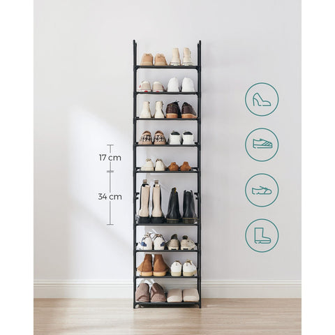 Rootz 10 Tier Shoe Rack - Shoe Organizer - Shoe Storage - Metal Tubes - Non-Woven Fabric Shelves - Space Saving - Easy Assembly - Versatile - 45cm x 28cm x 173cm