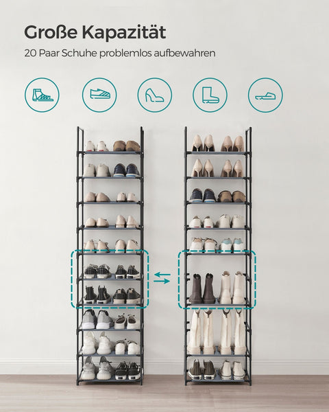 Rootz Shoe Rack - Gray Shoe Organizer - Narrow Storage Shelves - Non-Woven Fabric - Metal Tubes - 28cm x 45cm x 173cm