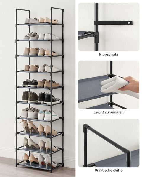 Rootz Shoe Rack - Gray Shoe Organizer - Narrow Storage Shelves - Non-Woven Fabric - Metal Tubes - 28cm x 45cm x 173cm