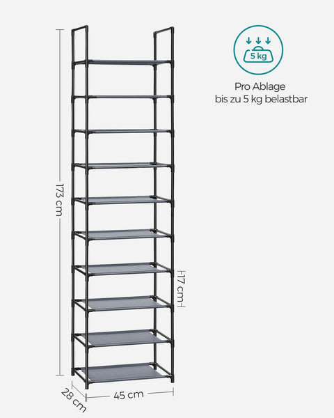 Rootz Shoe Rack - Gray Shoe Organizer - Narrow Storage Shelves - Non-Woven Fabric - Metal Tubes - 28cm x 45cm x 173cm
