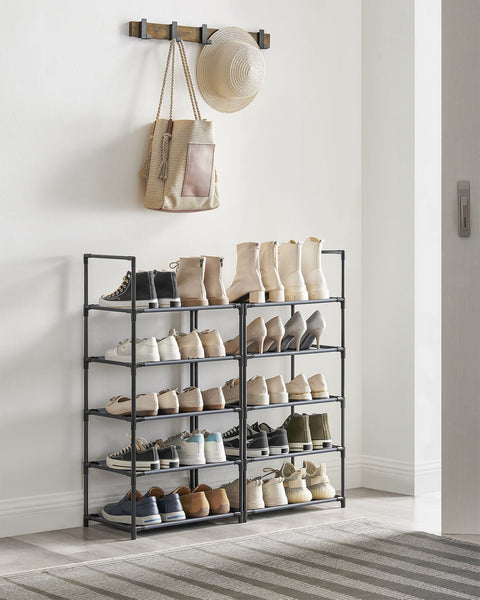 Rootz Shoe Rack - Gray Shoe Organizer - Narrow Storage Shelves - Non-Woven Fabric - Metal Tubes - 28cm x 45cm x 173cm