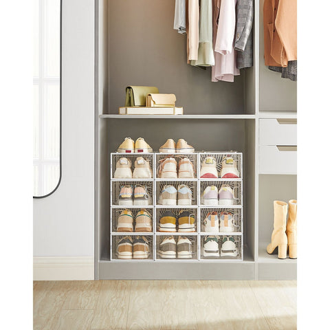 Rootz 12 Pack Shoe Box Set - Clear Storage Containers - Shoe Organizers - PET and ABS Material - 33.5cm x 23cm x 14cm - Inner Size 30cm x 22.6cm x 13.5cm - Lightweight and Durable - Easy Assembly - Keep Shoes Neat and Tidy