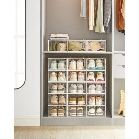 Rootz 18 Pack Transparent White Shoe Boxes - Storage Containers - Shoe Organizers - PET Body - ABS Frame - 33.5cm x 23cm x 14cm