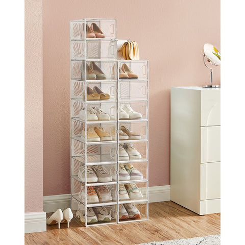 Rootz 18 Pack Transparent White Shoe Boxes - Storage Containers - Shoe Organizers - PET Body - ABS Frame - 33.5cm x 23cm x 14cm