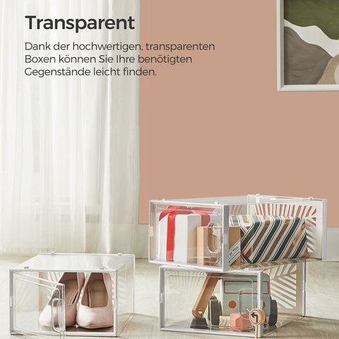 Rootz 18 Pack Transparent White Shoe Boxes - Storage Containers - Shoe Organizers - PET Body - ABS Frame - 33.5cm x 23cm x 14cm