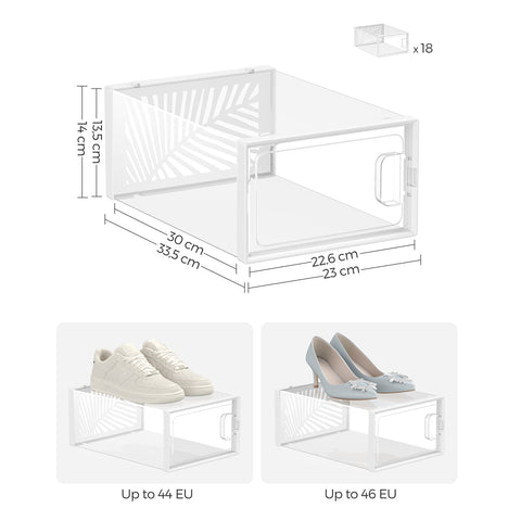 Rootz 18 Pack Transparent White Shoe Boxes - Storage Containers - Shoe Organizers - PET Body - ABS Frame - 33.5cm x 23cm x 14cm