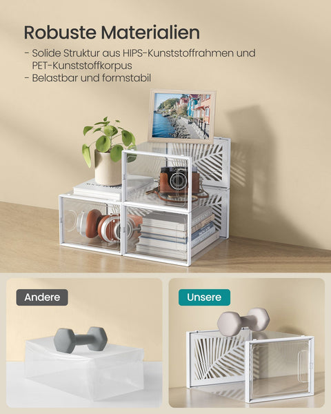 Rootz 12 Pack Shoe Box Organizer - Transparent White - Foldable & Stackable - PET Body - HIPS Frame - 35cm x 25.5cm x 19cm