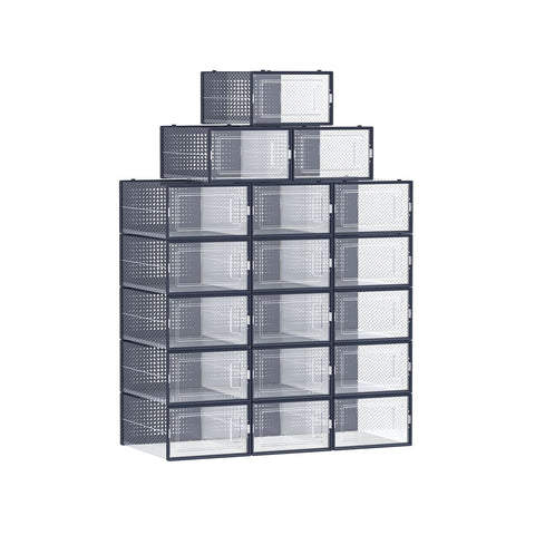 Rootz 18 Pack Shoe Box Organizer - Storage Container - Stackable Bins - PP Material - ABS Frame - Transparent Anthracite Blue - 33.5cm x 23.2cm x 14.3cm