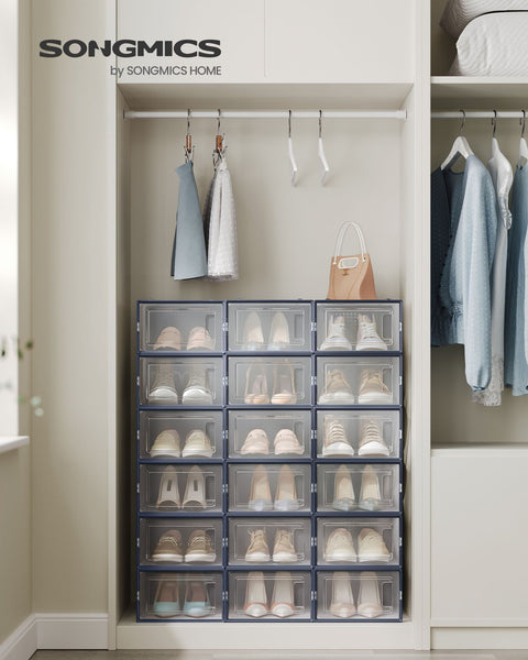 Rootz 18 Pack Shoe Box Organizer - Storage Container - Stackable Bins - PP Material - ABS Frame - Transparent Anthracite Blue - 33.5cm x 23.2cm x 14.3cm