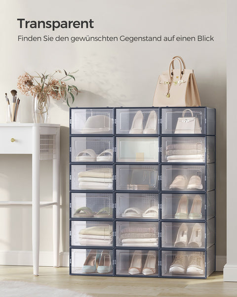 Rootz 18 Pack Shoe Box Organizer - Storage Container - Stackable Bins - PP Material - ABS Frame - Transparent Anthracite Blue - 33.5cm x 23.2cm x 14.3cm
