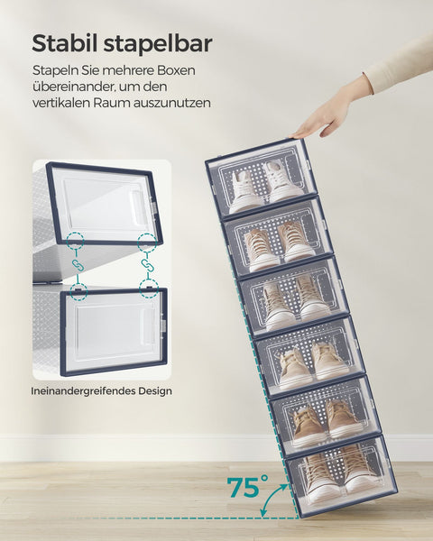Rootz 18 Pack Shoe Box Organizer - Storage Container - Stackable Bins - PP Material - ABS Frame - Transparent Anthracite Blue - 33.5cm x 23.2cm x 14.3cm