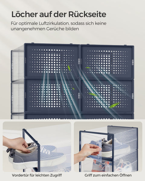 Rootz 18 Pack Shoe Box Organizer - Storage Container - Stackable Bins - PP Material - ABS Frame - Transparent Anthracite Blue - 33.5cm x 23.2cm x 14.3cm