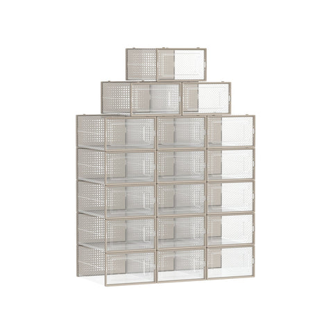 Rootz 18 Pack Shoe Box Organizer - Storage Container - Clear Plastic Bins - Stackable - PP Material - ABS Frame - 33.5cm x 23.2cm x 14.3cm
